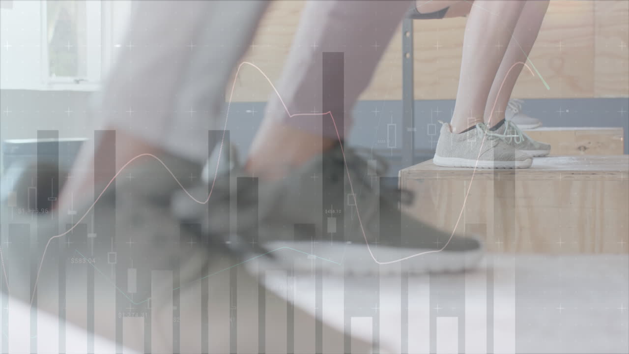 다양한 여성의 다리에 대한 인터페이스 데이터의 애니메이션 상자에 뛰어, 체육관에서 크로스 트레이닝