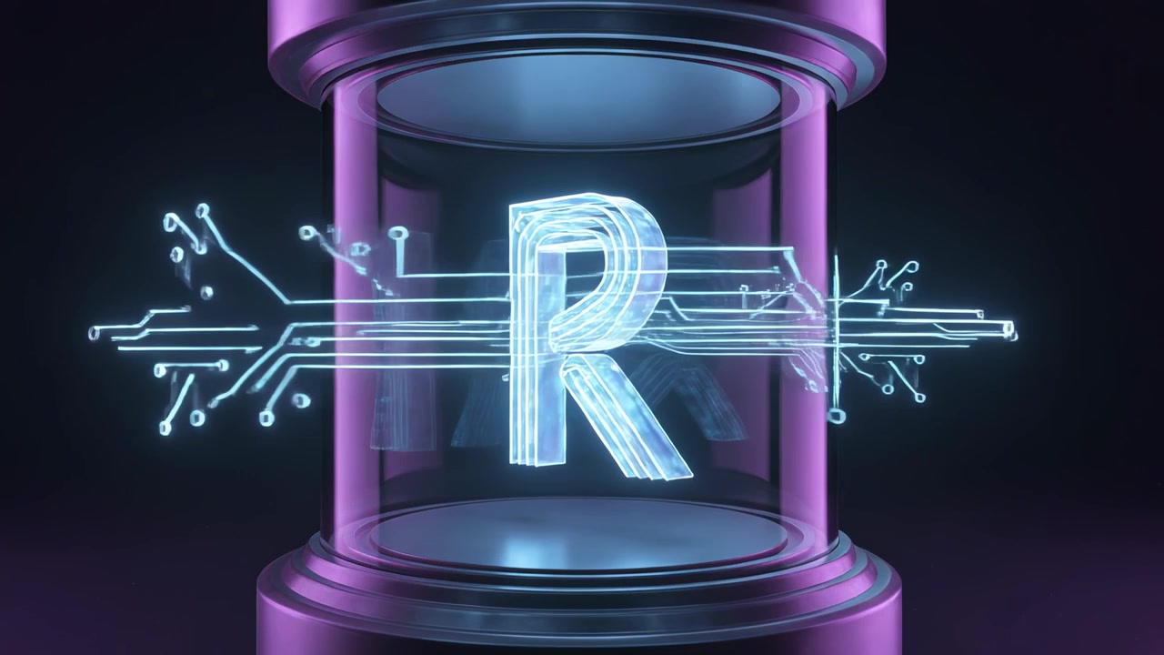 Rotating cyan-blue holographic letter R hovering inside glass cylinder pulsing circuit traces