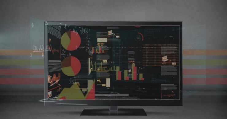 Animation af grafer, data og matematiske formler over en computerskærm.