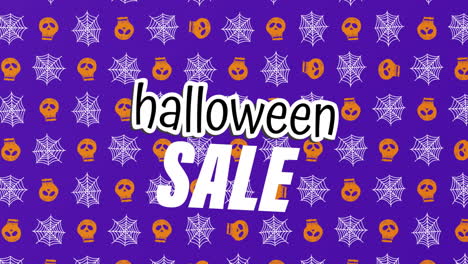 animation of halloween sale over skulls and spiders web on purple background