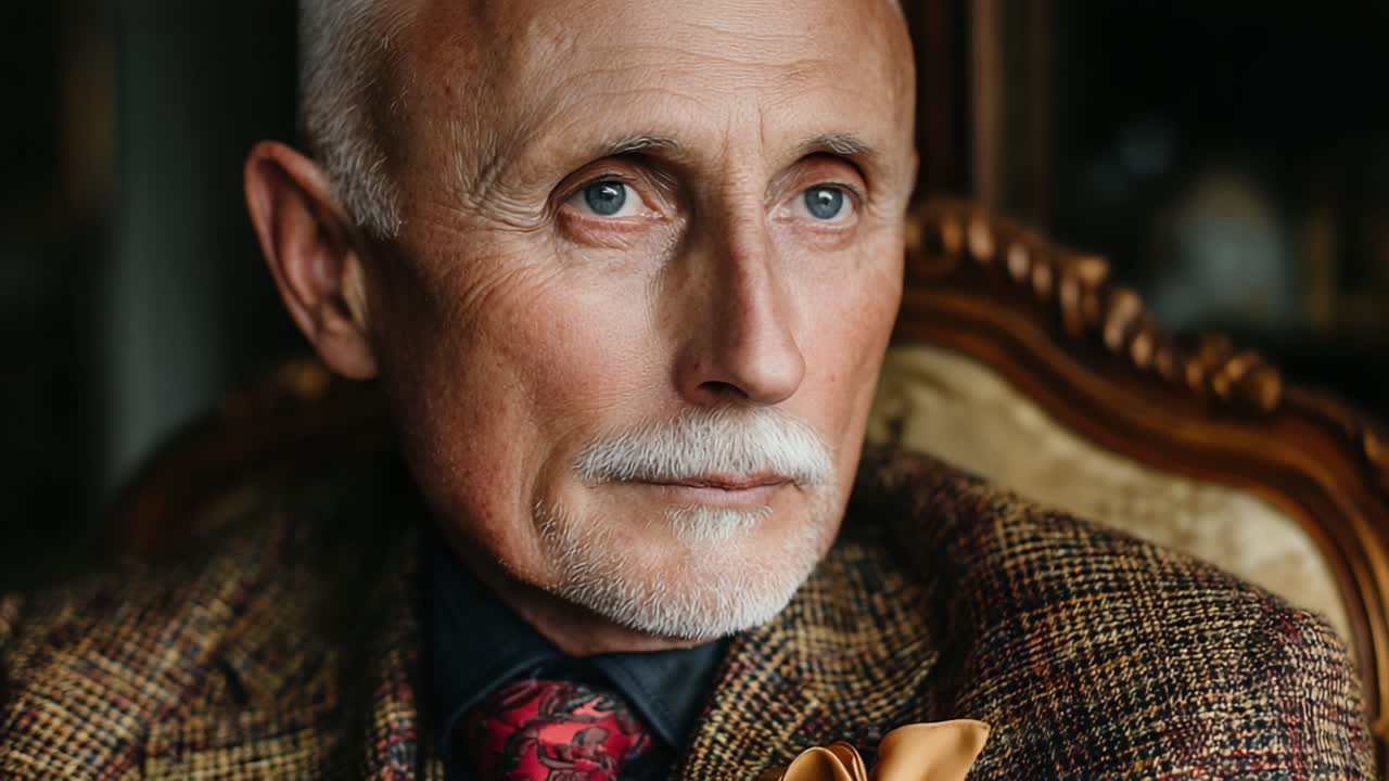 Un ritratto di distinzione: catturare l'essenza aggraziata di un gentiluomo anziano con sorprendenti occhi azzurri, moda elegante e fascino senza tempo in un ambiente lussuoso.