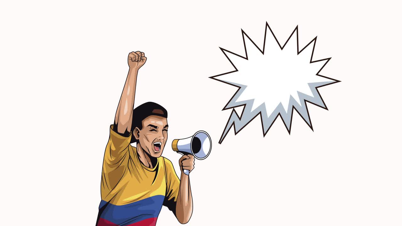 colombian man protesting with megaphone