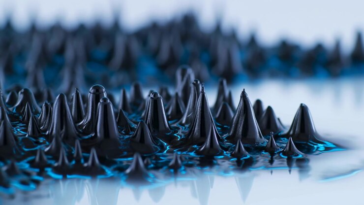 Ferrofluid formation and movement of magnetic particles, in close-up view on a flat surface with a, with magnetic particles, light background, with liquid ferrofluid texture, with black, blue accents.