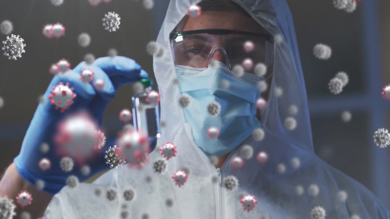 코로나19 세포가 위에 떠다니며 보호복을 입은 남성 의료진이 병을 들고 있다.