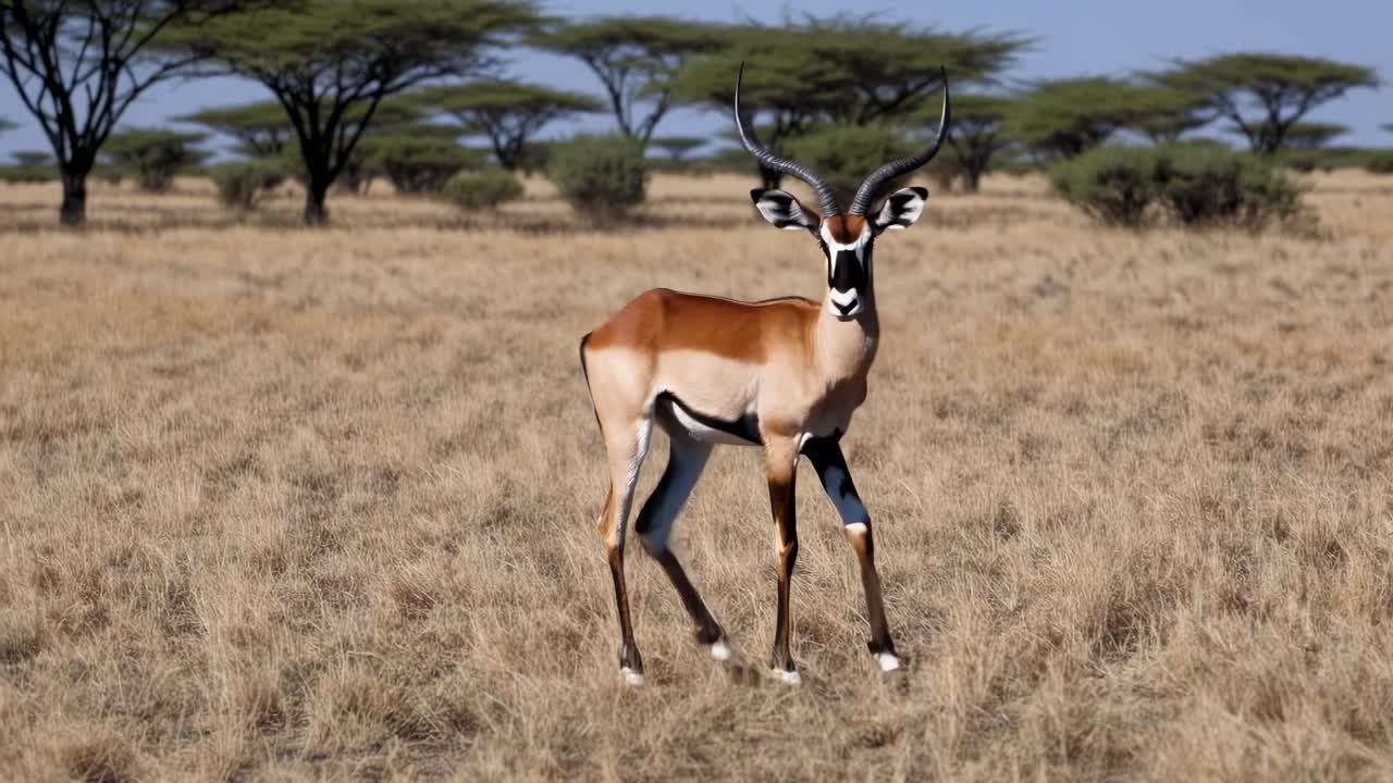 A graceful antelope stands in a savannah, captured in a wide-angle shot