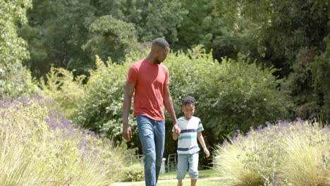 Padre-E-Hijo-Afroamericanos-Caminan-Juntos-Por-Un-Exuberante-Jardín-En-Casa