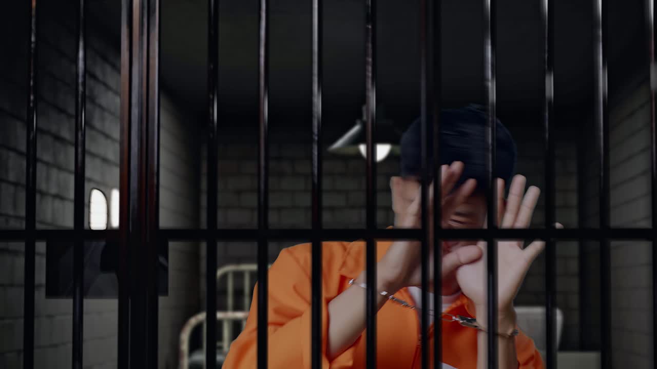 primer plano de un prisionero masculino asiático con esposas de pie en la cárcel, mostrando el signo de la palma de la mano la expresión de no ser querido para ser capturado por la cámara