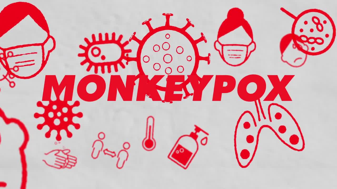 Animation of monkeypox text and pandemic icons over white background
