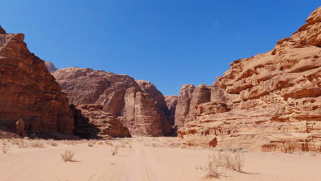 white sand below jagged sandstone cliffs with arid shrubs in wadi rum