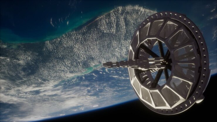 Futuristisk romsatellitt i bane rundt jorden