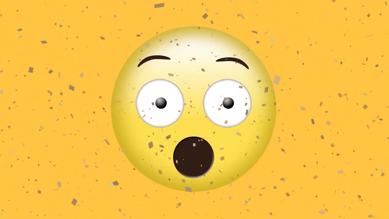 animación de confeti cayendo sobre un emoji sorprendido sobre un fondo amarillo
