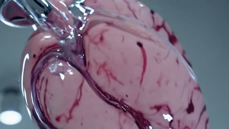 close-up of a transparent heart model with blood