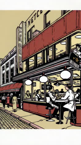 Vintage Illustrated City Street with a Lively Diner