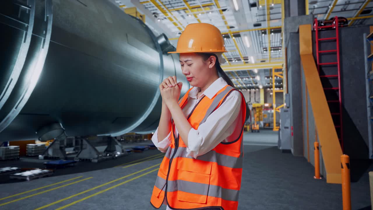 안전 헬을 착용 한 아시아 여성 엔지니어 의 측면 시각 파이프 제조 공장 에 서 있는 동안 무언가 를 위해 기도