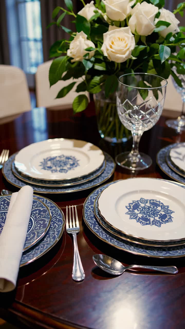 Elegant Dining Table Setting with White Roses and Blue Patterned Dinnerware