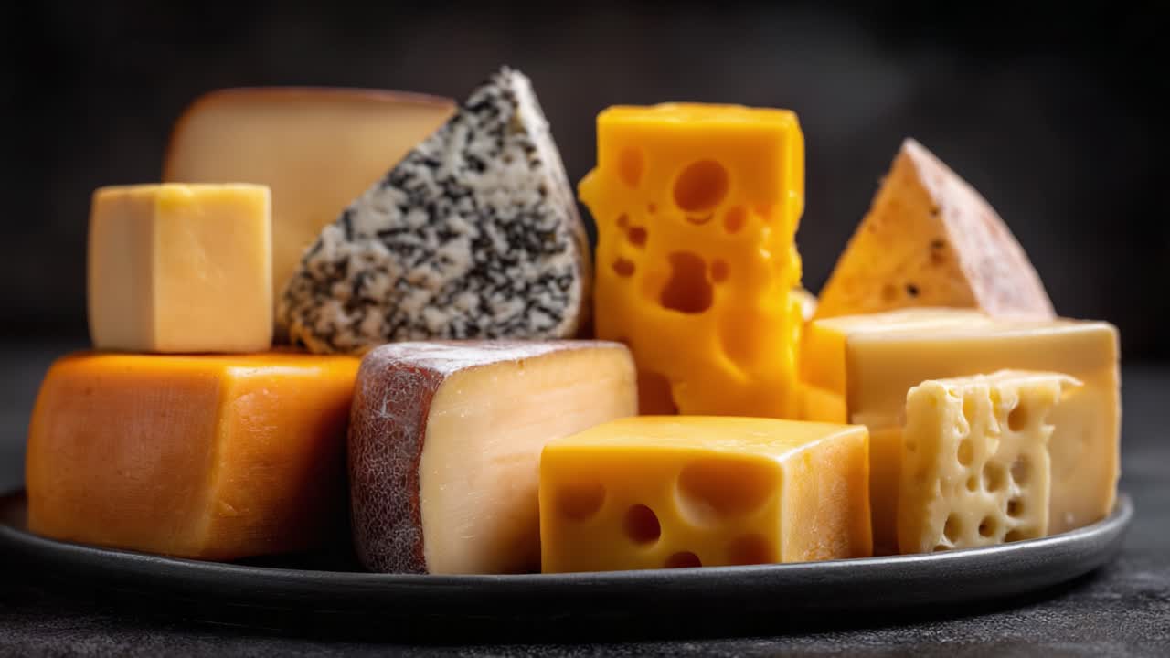 A Delicious Array of Various Cheeses on a Dark Background: Exploring the Unique Textures and Colors of Different Cheese Varieties for Culinary Enthusiasts