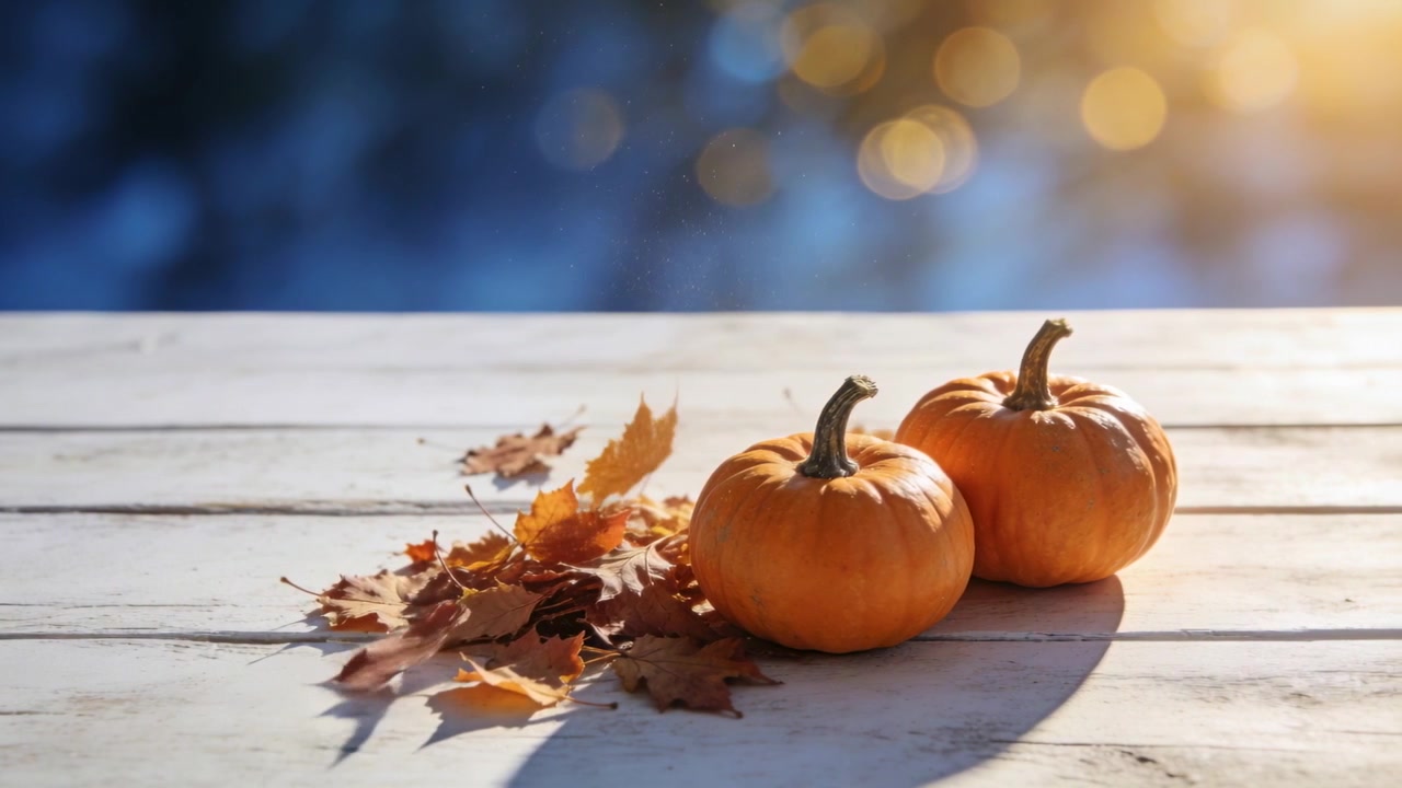 Two Small Pumpkins on a Wooden Table with Falling Autumn Leaves