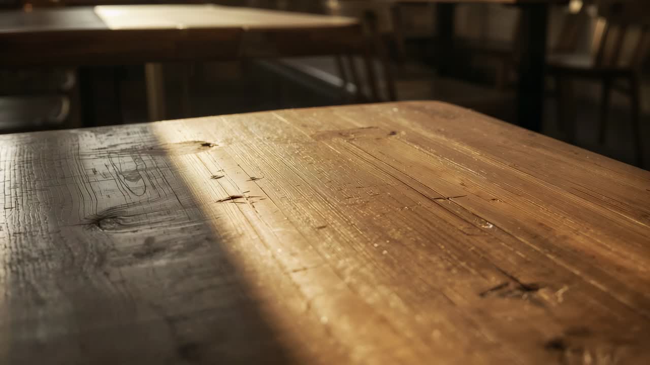La telecamera si allontana, rivelando un piano del tavolo in legno lucidato illuminato dalla luce del sole in un caffè, per creare l'atmosfera.
