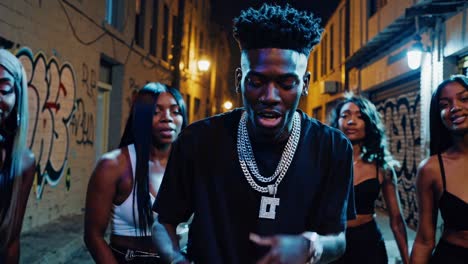 Urban music video style with a low-angle shot. A group of people in a graffiti-lined alley at night