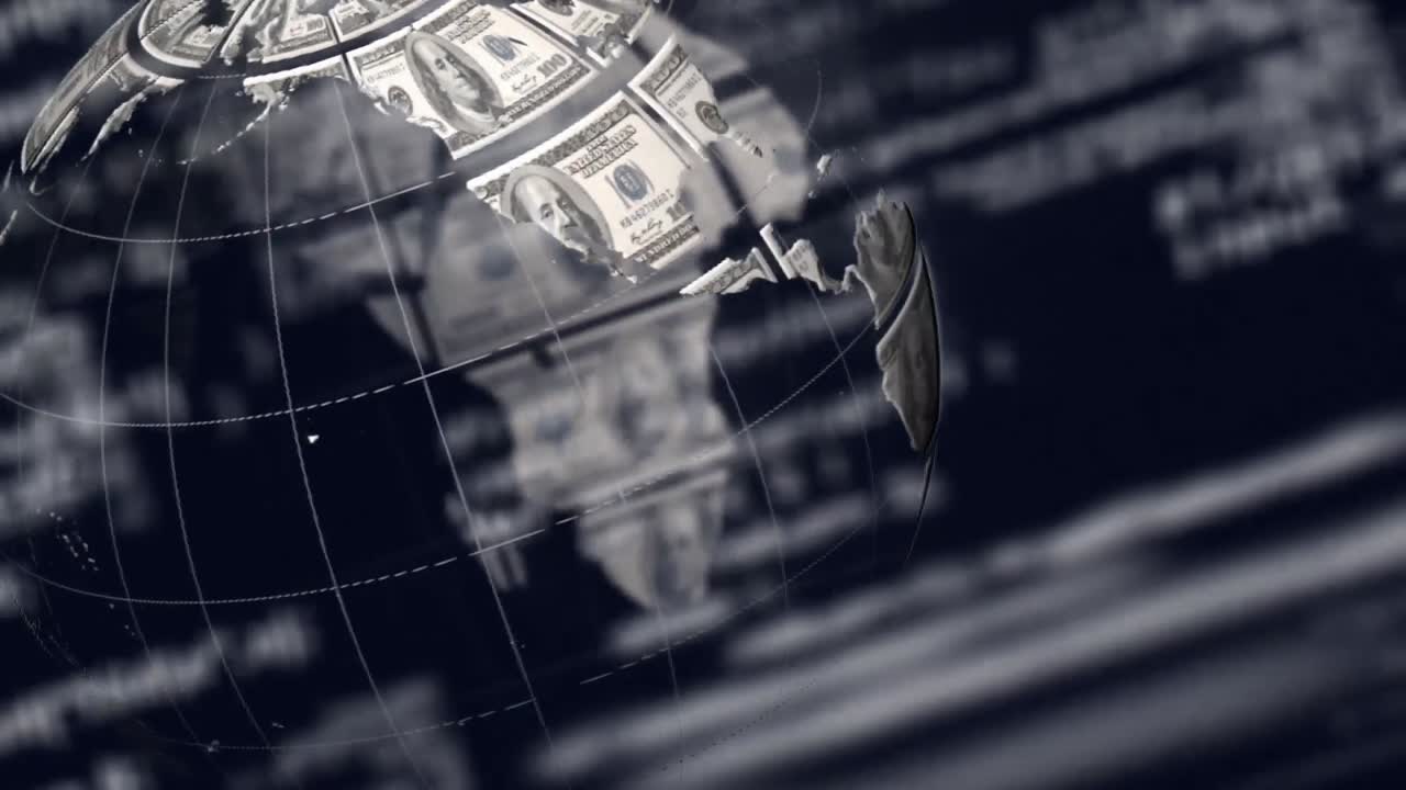Animation of rotating globe with dollars and data processing in black background
