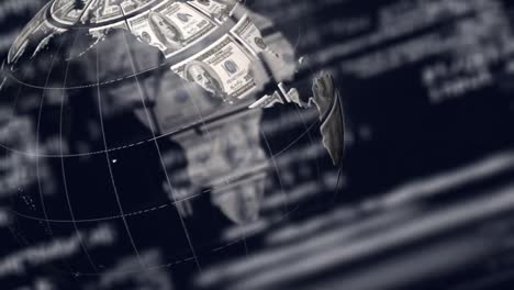 animation of rotating globe with dollars and data processing in black background