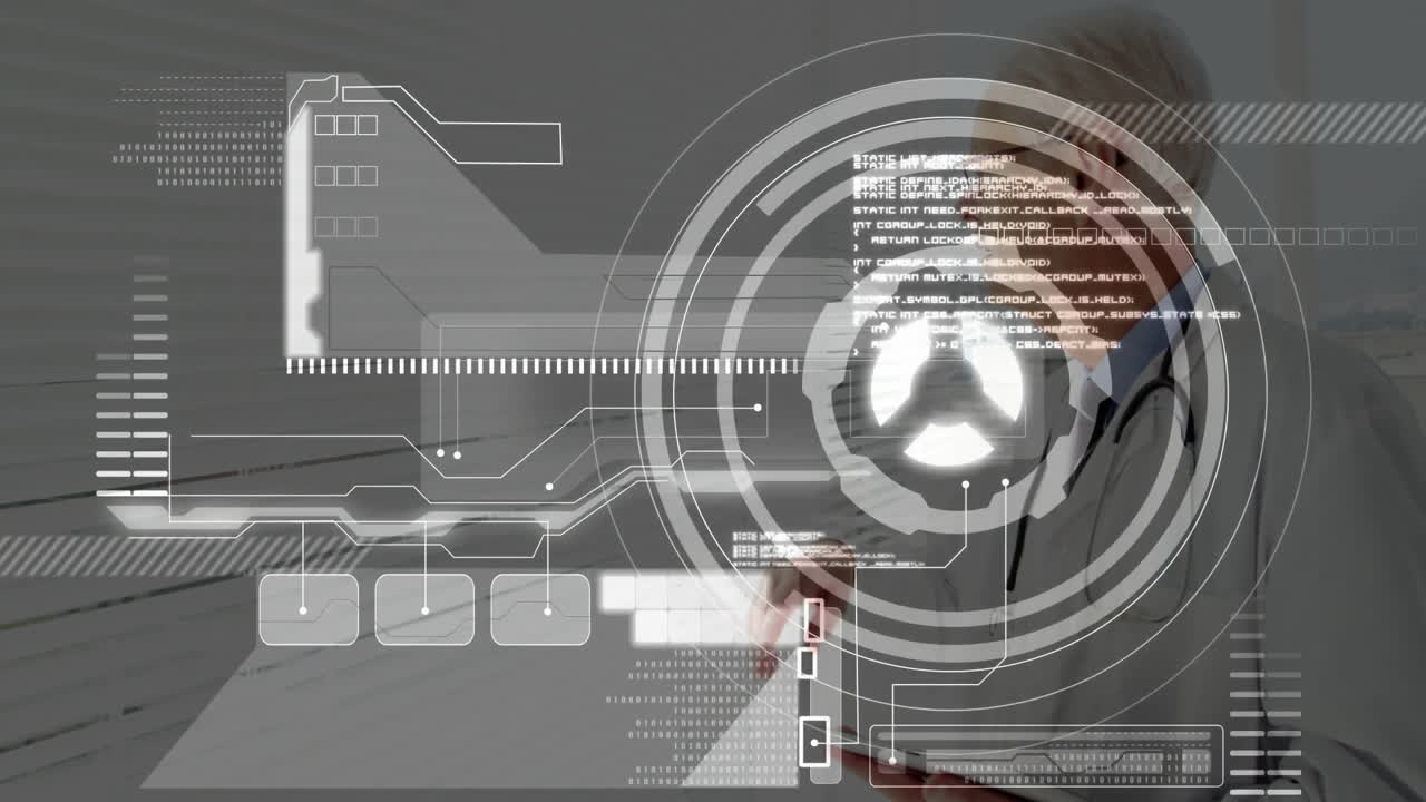 Using digital interface, doctor analyzing futuristic medical data with animation