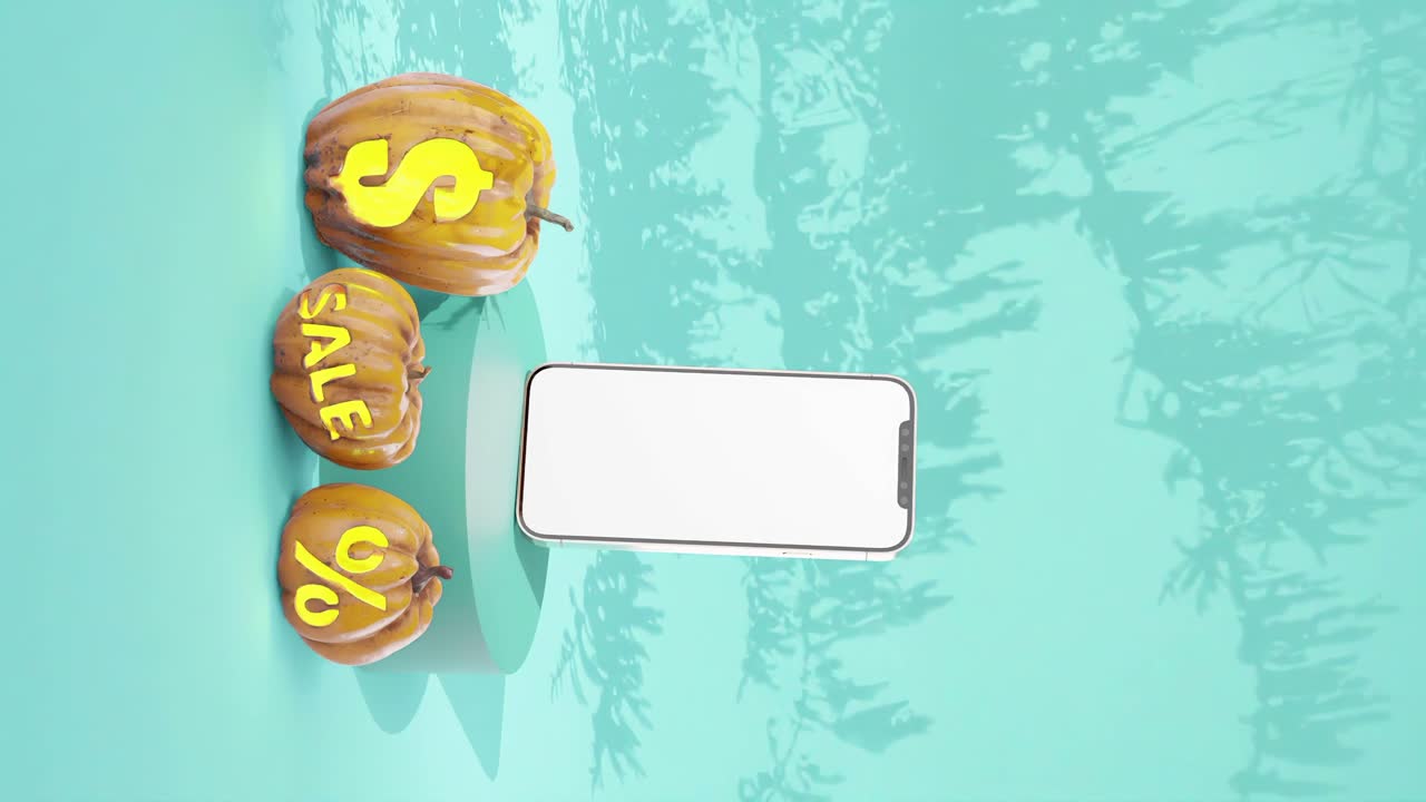 할로윈 판매 수직 광고 전화 디스플레이에  ⁇  화면과 호박, 투르코이즈 파란 녹색 배경