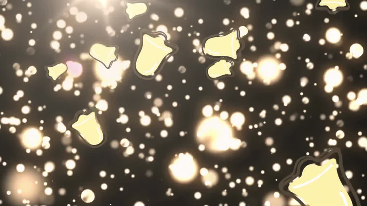 여러 개의 크리스마스 벨 아이콘이 검은색 배경에 빛의 황금 반점에 떨어지고 있습니다.