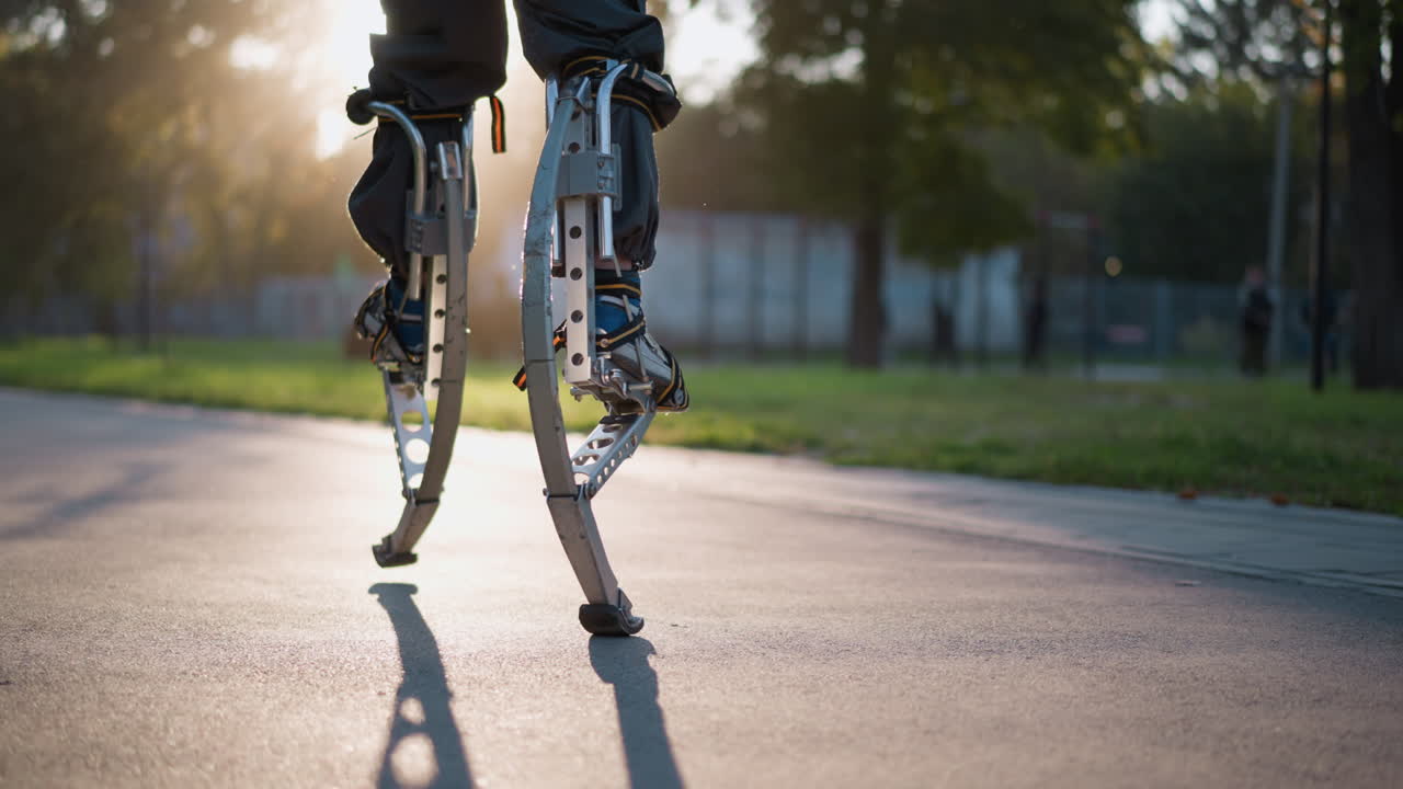 Chap's legs walking on spring stilts along paved path in sunny outdoor setting, wearing dark clothing. Low camera angle focuses on stilts, highlighting movement, balance