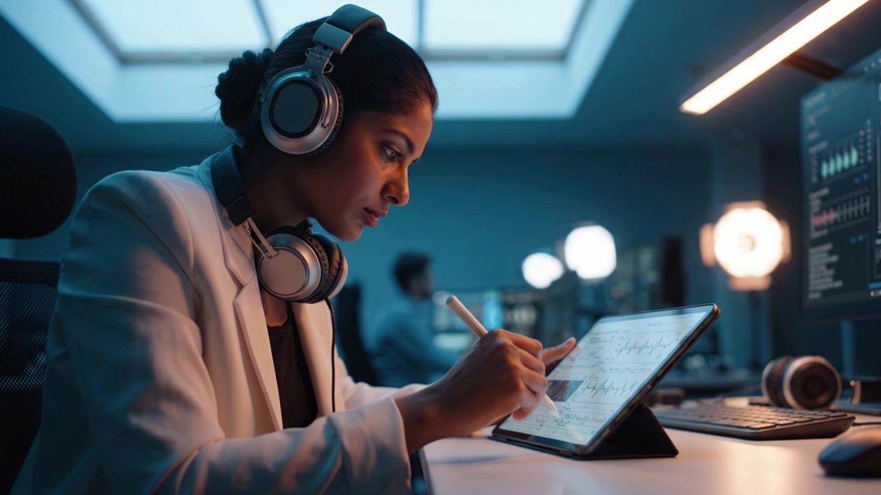 Focused Professional Analyzes Data on Tablet with Headphones in Modern Office Environment, Blending Technology and Creativity for Effective Solutions