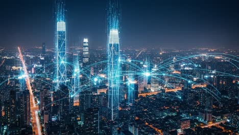 a stunning night view of a futuristic cityscape with glowing skyscrapers, connected networks, and illuminated streets, showcasing urban technology and innovation at its best