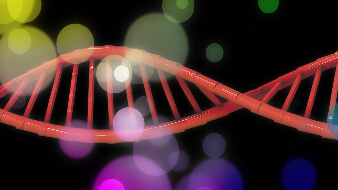 animación de cadenas de adn girando y brillando manchas de luz sobre un fondo negro