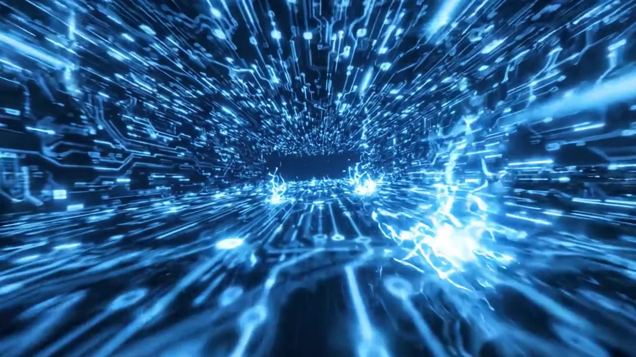 Un viaggio visivo dinamico attraverso un universo digitale: esplorando le profondità della tecnologia futuristica e del flusso di dati elettronici in un ambiente di luce blu ipnotizzante.