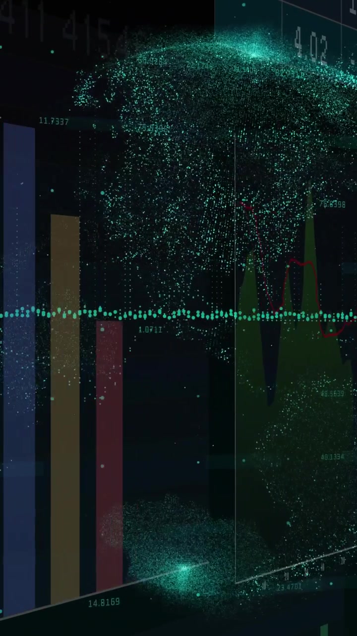 Vertical video: Camera panning analytics, tall bars shifting, globe forming to highlight trends