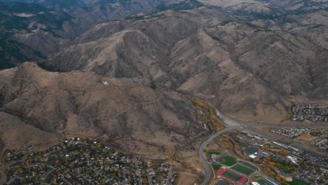 Flying-over-Lookout-Mountain-and-the-Colorado-School-of-Mines-M-in-Golden-Colorado,-aerial