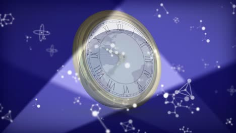 animación de moléculas y globo sobre reloj en movimiento