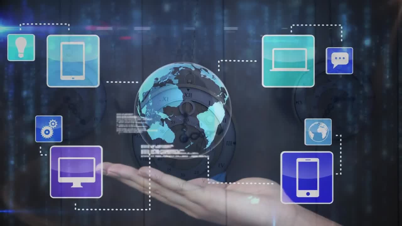 animación del procesamiento de datos, iconos y globo sobre la mano y múltiples relojes moviéndose rápidamente