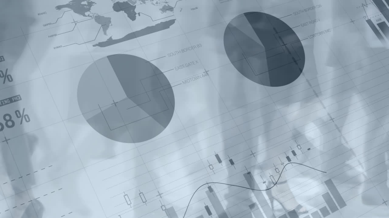 Animation of financial data processing over business people walking