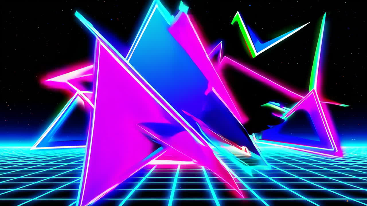 Triangoli geometrici al neon vivaci su griglia retrò.