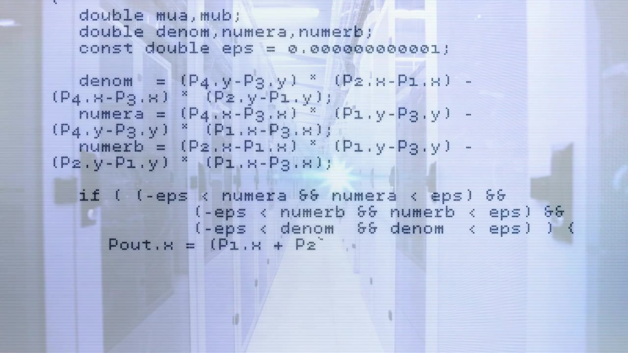 Opening with C++ code overlay scrolling across server aisle reading HTTP data showing process