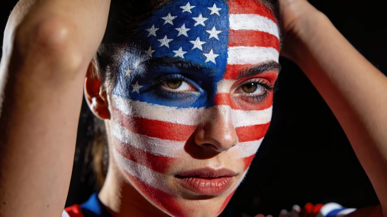Luci che cambiano su una donna con il viso dipinto con la bandiera USA, che alza le braccia, chiude e apre gli occhi, posando in studio con una maglia che mostra orgoglio.