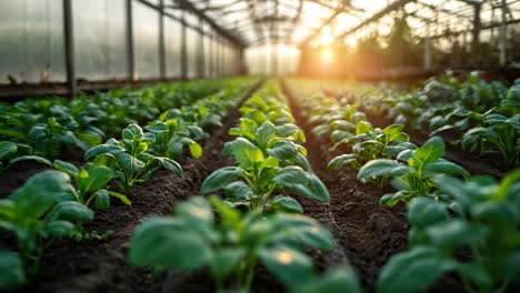 rows of green plants growing in a greenhouse
