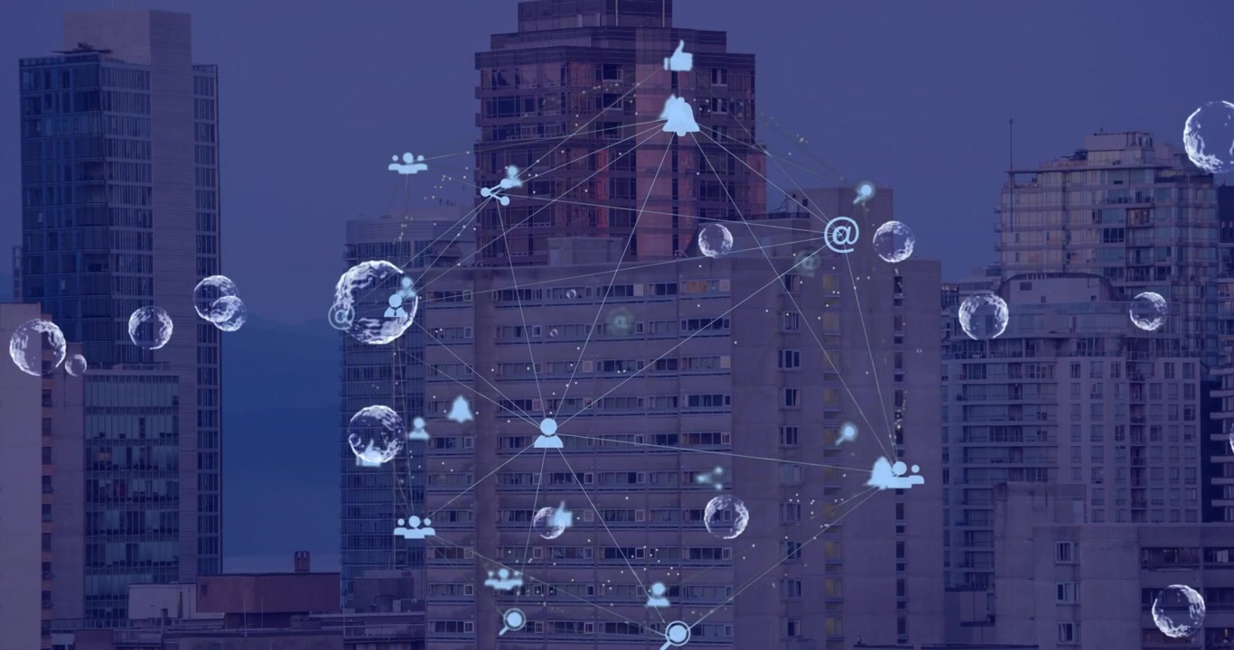 Animação de rede de conexões com ícones sobre a paisagem urbana