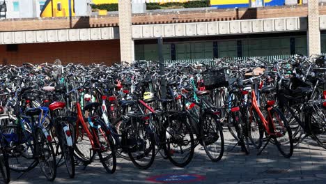 Bicycles-parked-in-front-of-a-station-with-a-train-in-the-background-in-The-Netherlands