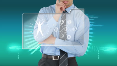 hombre de negocios usando una pantalla táctil en una interfaz futurista