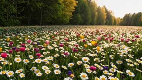 colorful meadow with tulips and daisies at sunset