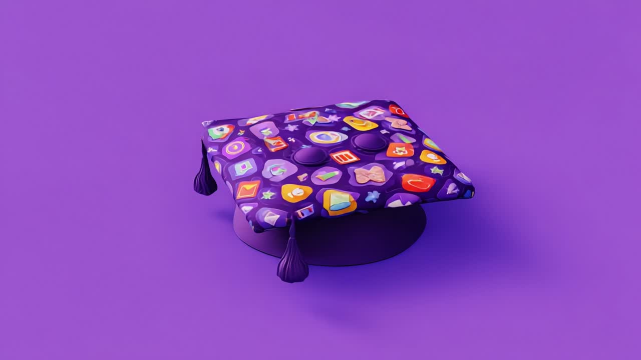 A vibrant and playful graduation cap adorned with various colorful icons and symbols, set against a bright purple backdrop, showcasing creativity and achievement in graduation ceremonies