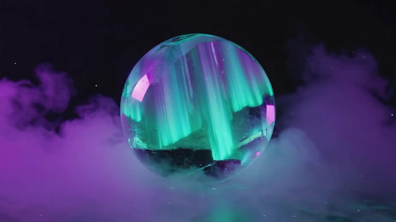 Crystal ball reflecting aurora lights in smoky environment