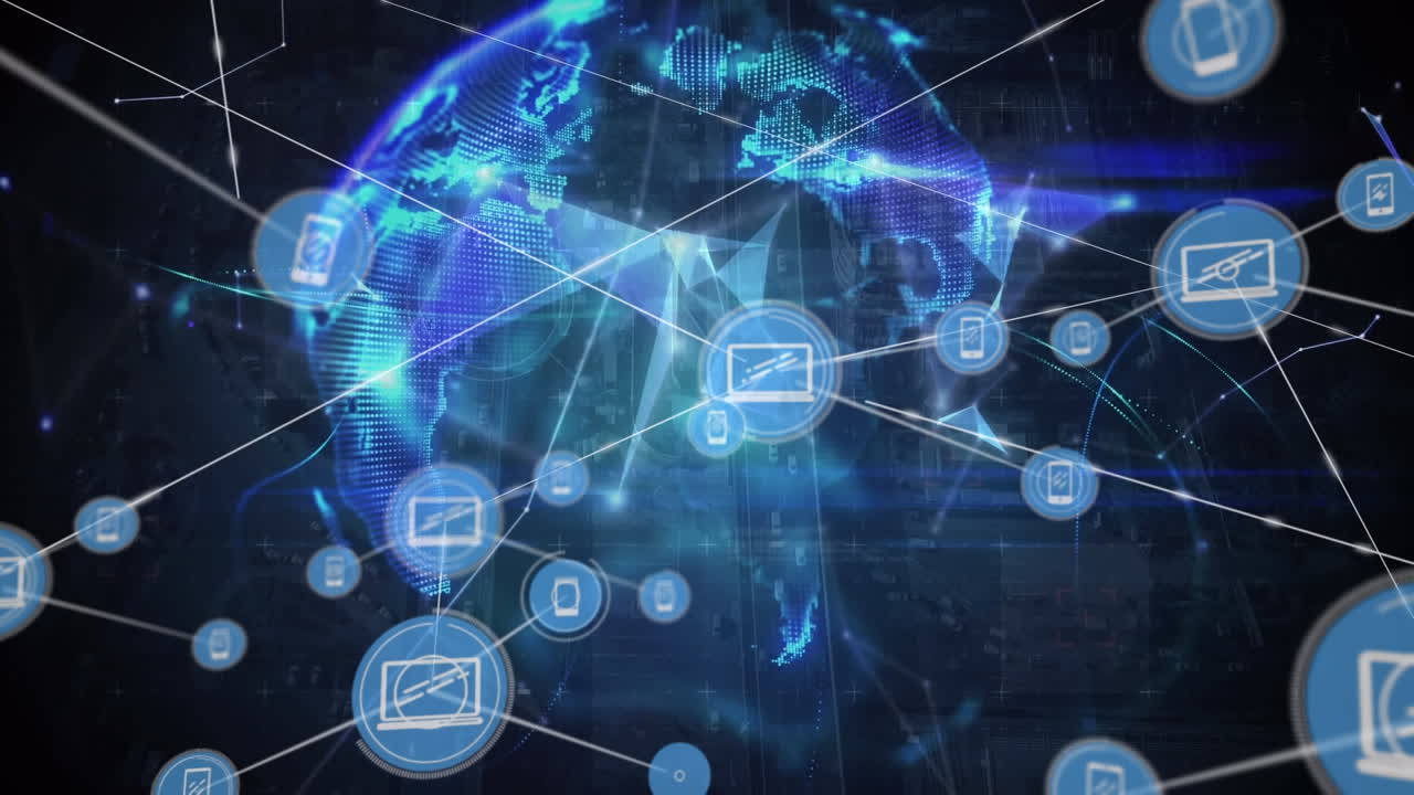 animación de la red de iconos digitales sobre el globo de la red de plexo contra un fondo azul.