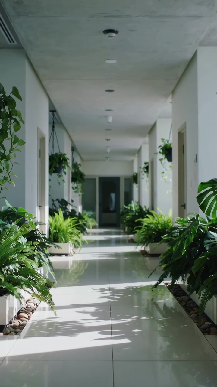 Video vertical: Luz del sol desde la izquierda proyectando sombras a lo largo de un pasillo con azulejos brillantes y macetas.